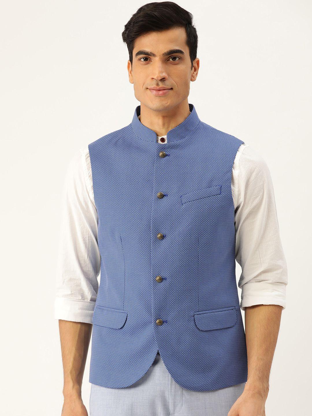 blackberrys-men-blue-&-white-slim-fit-woven-design-nehru-jacket