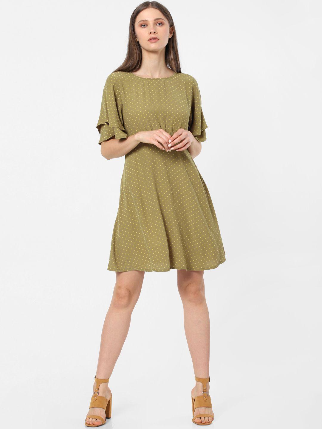 only-women-olive-green-&-yellow-printed-styled-back-a-line-dress