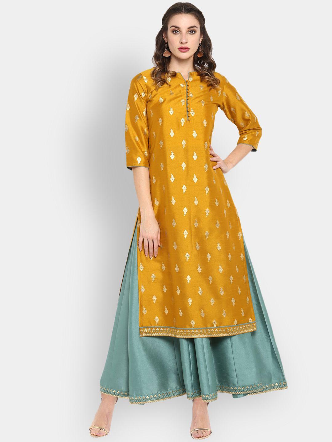 janasya-women-mustard-yellow-&-green-printed-fit-and-flare-layered-dress