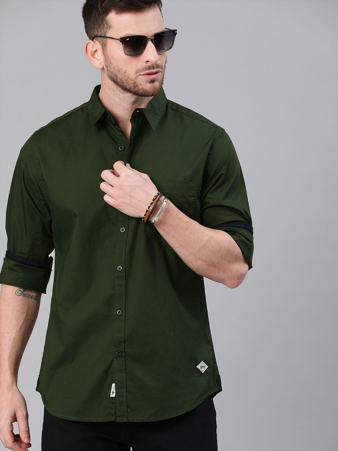 roadster-men-olive-green-pure-cotton-sustainable-casual-shirt
