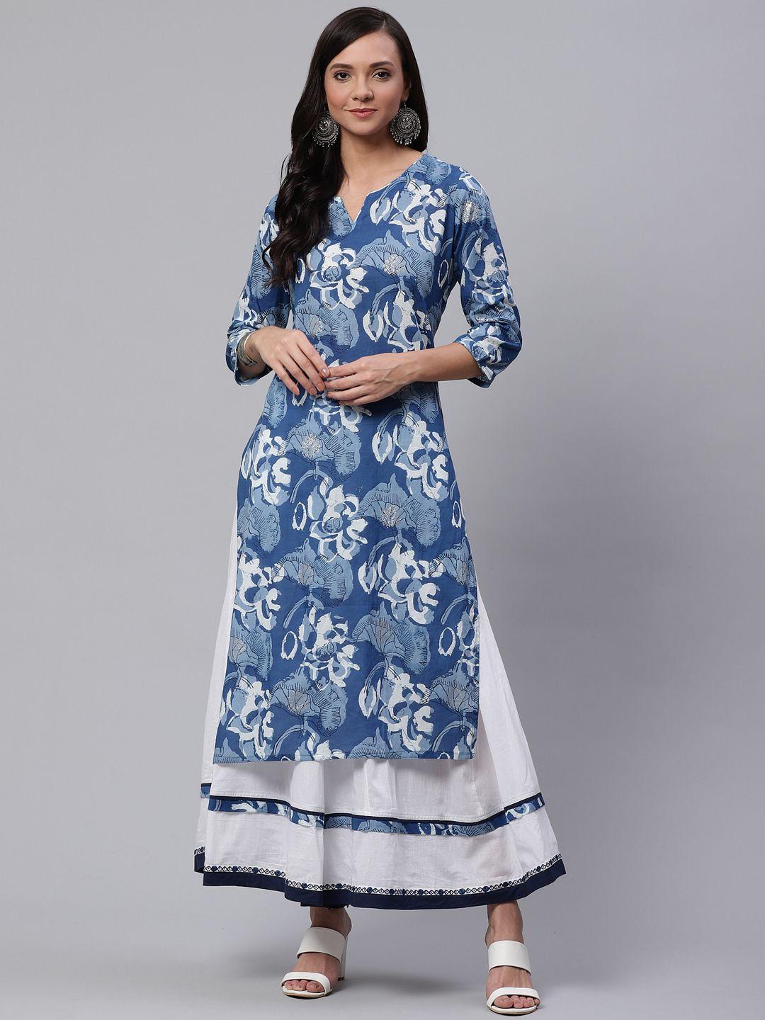 divena-women-blue-&-white-printed-kurta-with-palazzos