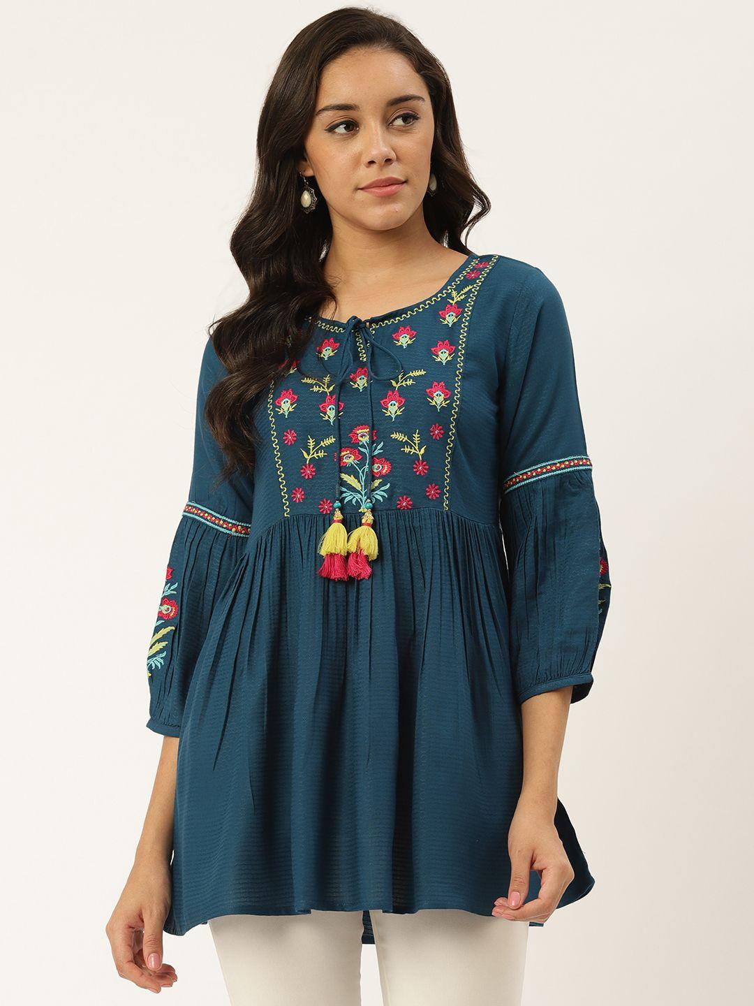 rangmayee-women-teal-blue-self-design-a-line-tunic