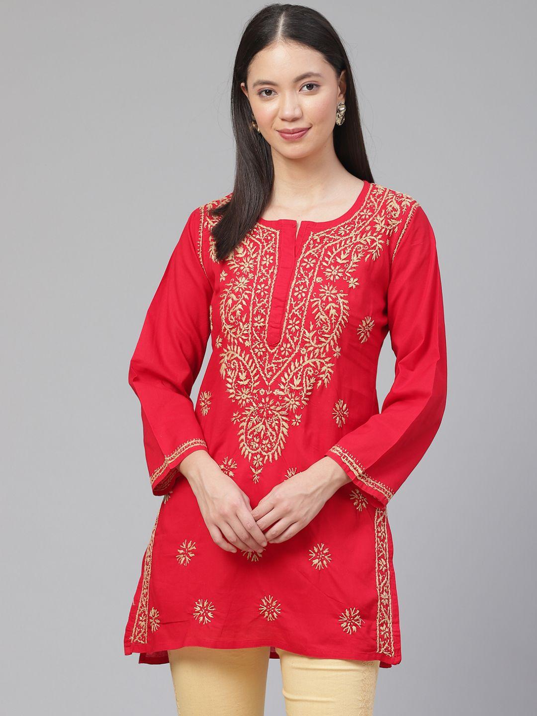 ada-women-red-&-beige-chikankari-embroidered-pure-cotton-straight-sustainable-handloom-kurti