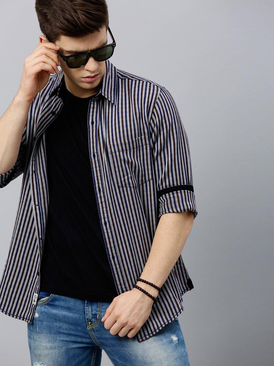 roadster-men-brown-&-white-regular-fit-striped-sustainable-casual-shirt
