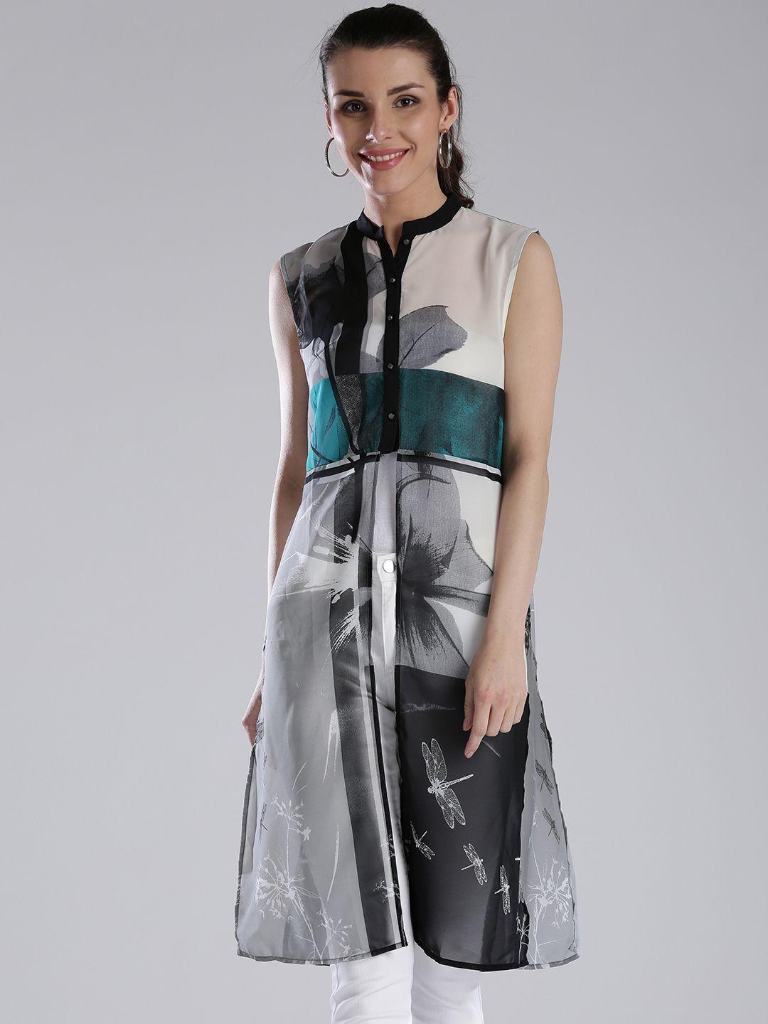 w-grey-floral-printed-high-slit-tunic
