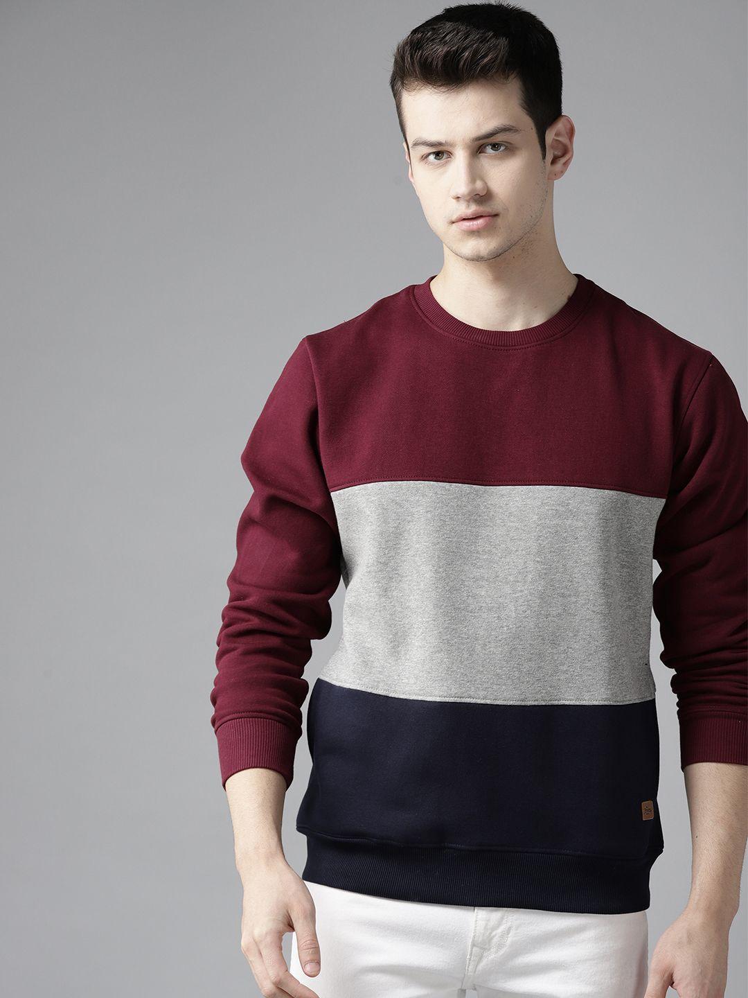 roadster-men-burgundy-&-grey-melange-colourblocked-sweatshirt