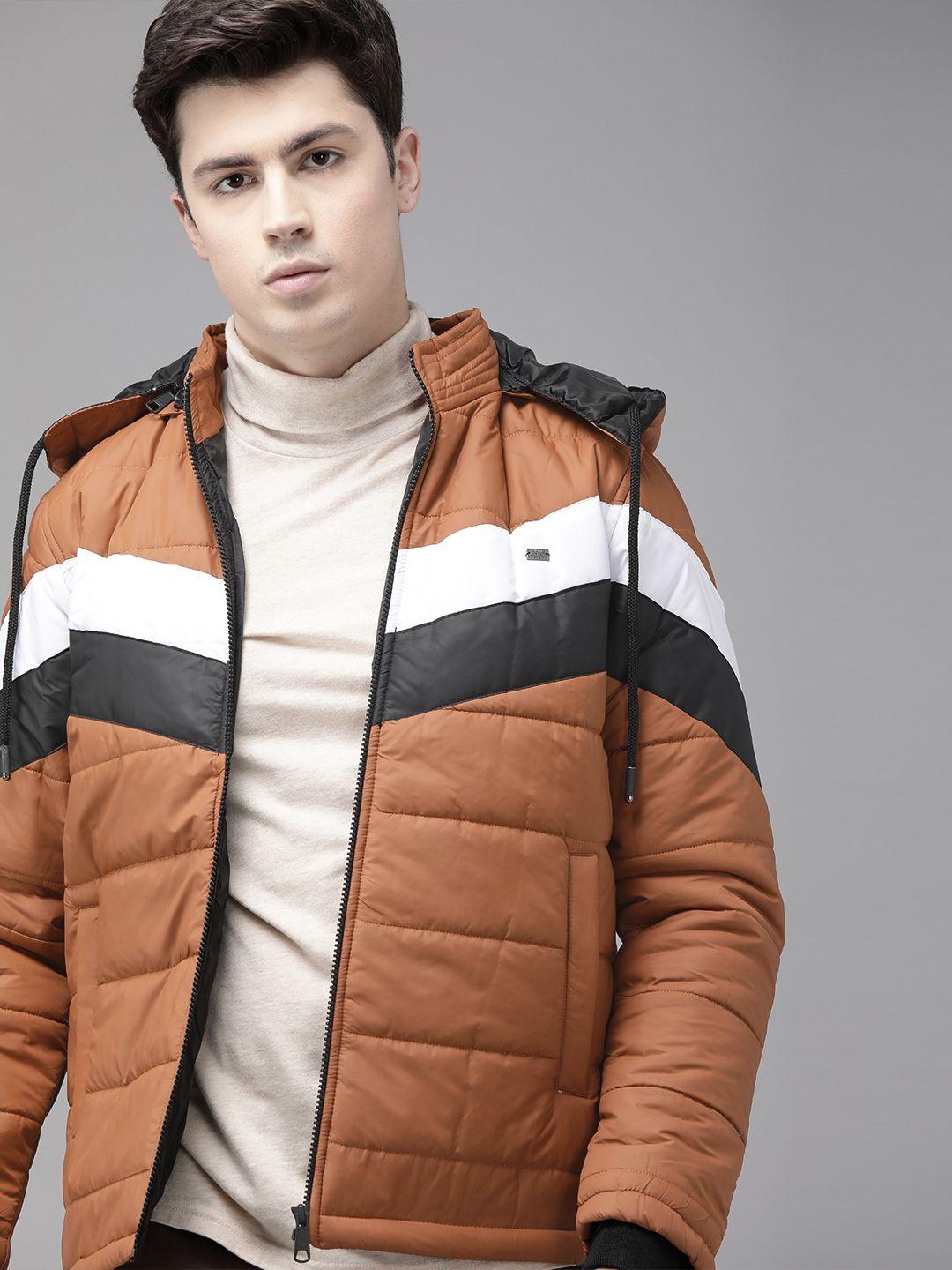 roadster-men-brown-&-white-striped-padded-jacket