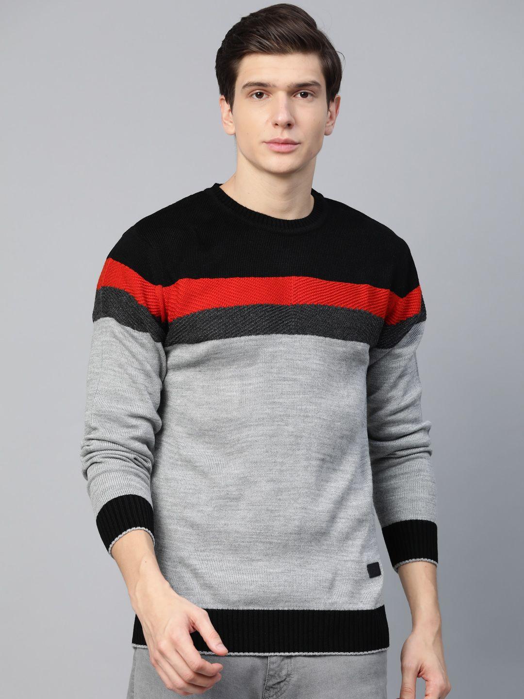 roadster-men-grey-melange-&-black-striped-pullover-sweater