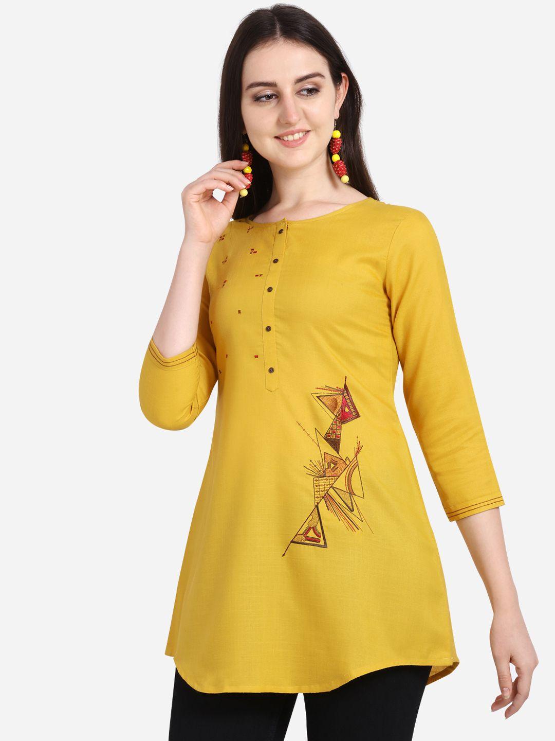 kvsfab-women-mustard-yellow-&-brown-embroidered-a-line-kurti
