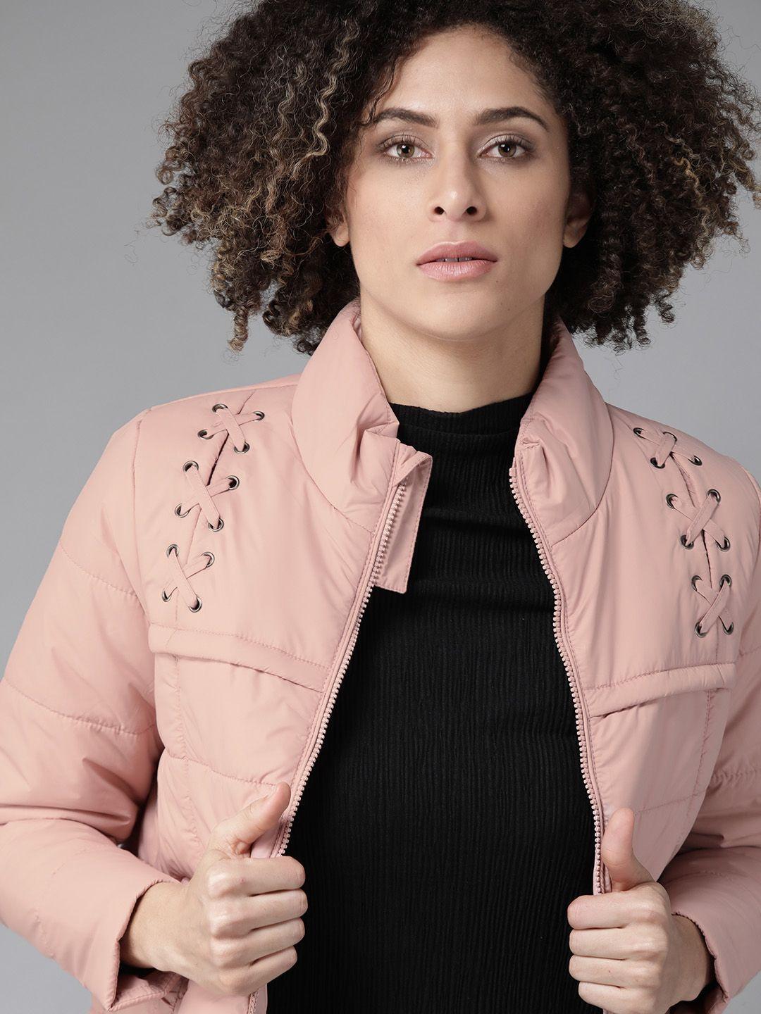 roadster-women-pink-lace-up-solid-padded-jacket