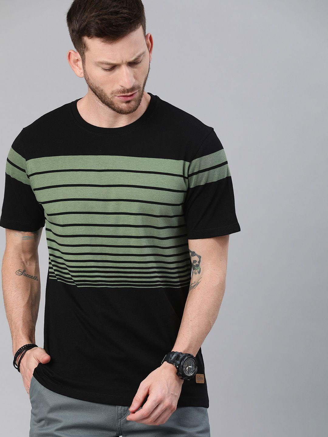 roadster-men-black-&-olive-green-striped-cotton-t-shirt
