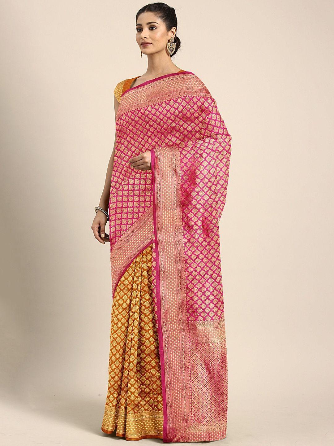 kalini-pink-&-mustard-yellow-silk-blend-woven-design-kanjeevaram-saree