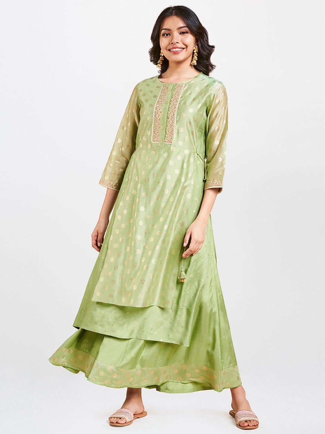 global-desi-women-green-self-design-kurta-with-skirt
