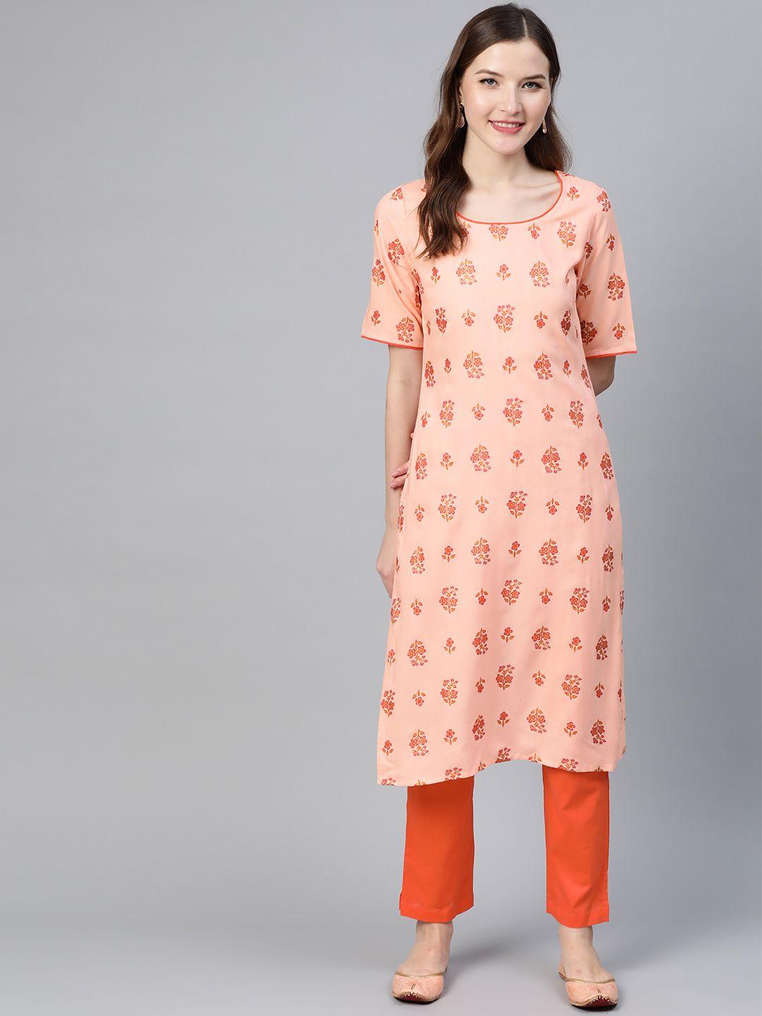 idalia-women-peach-coloured-&-orange-printed-kurta-with-trousers