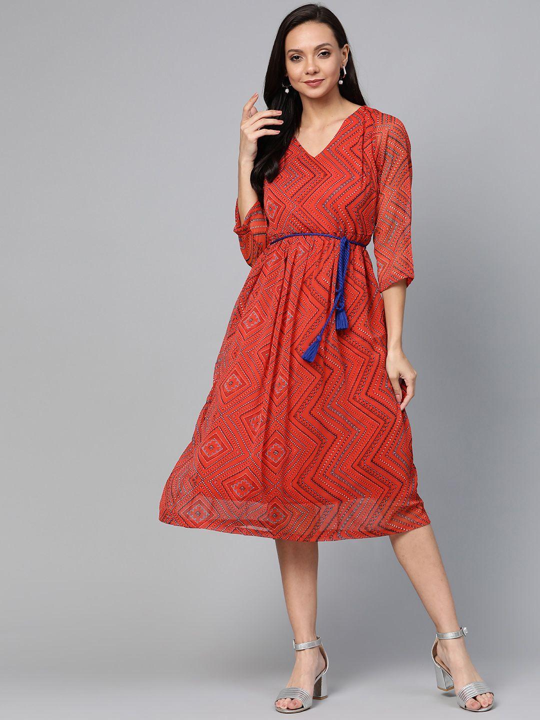 pluss-women-red-&-blue-printed-a-line-dress