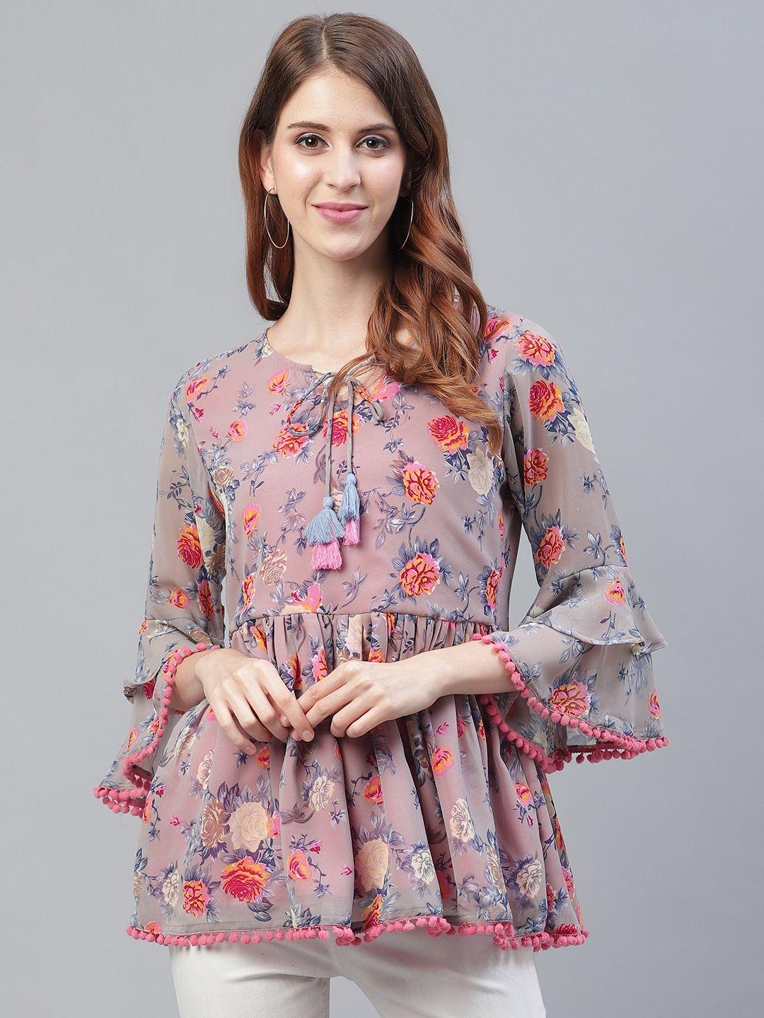 azira-women-grey-&-pink-floral-print-a-line-top