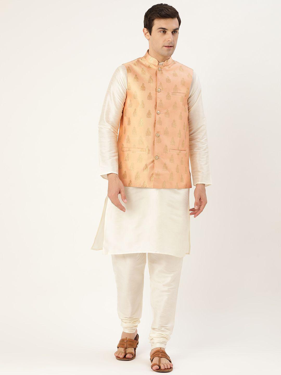 sojanya-men-off-white-&-peach-coloured-solid-kurta-with-churidar-&-nehru-jacket