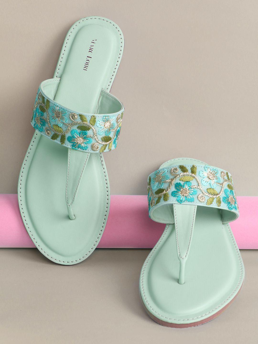 marc-loire-women-mint-green-&-gold-toned-embroidered-t-strap-flats
