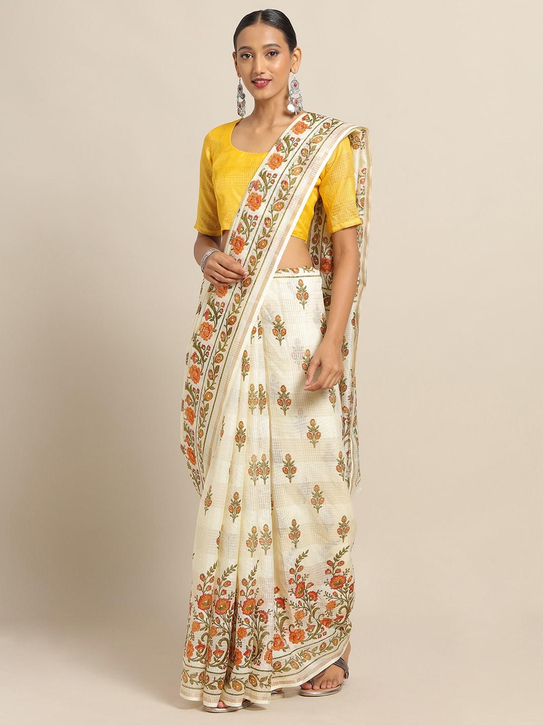 saree-mall-cream-coloured-&-yellow-linen-blend-printed-saree