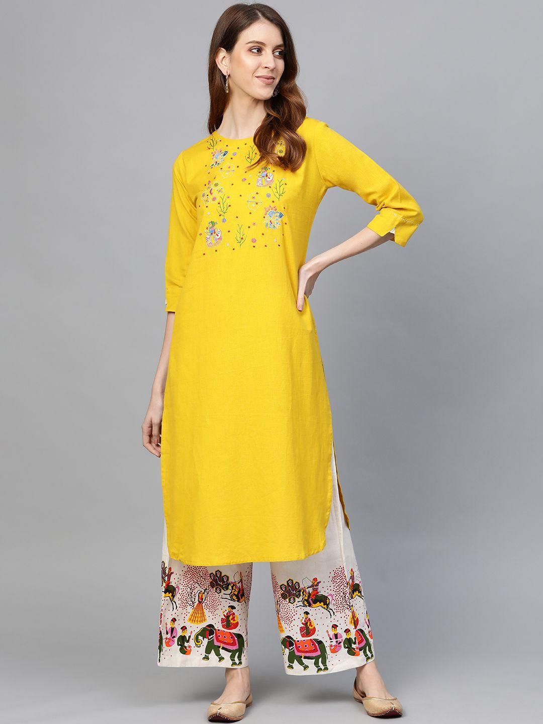 anubhutee-women-mustard-yellow-yoke-design-kurta-with-palazzos