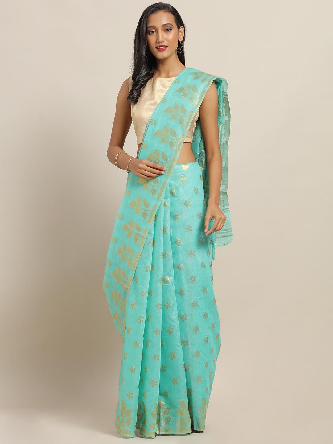 vastranand-sea-green-&-gold-coloured-silk-cotton-printed-jamdani-saree