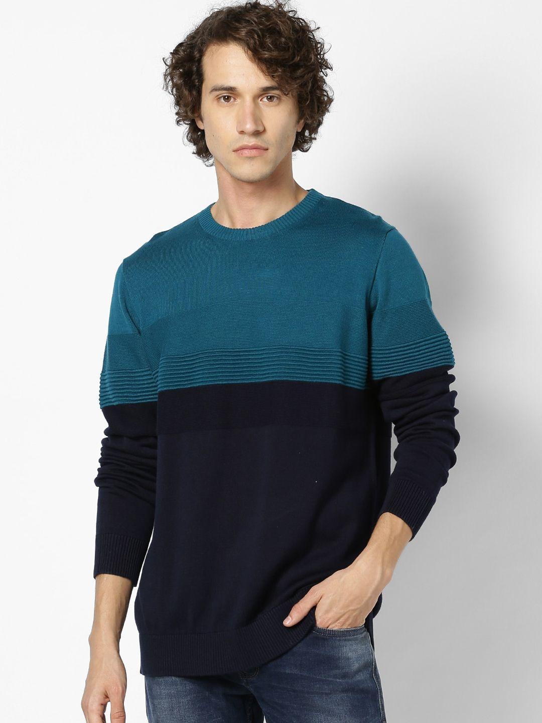 celio-men-teal-blue-&-navy-blue-colourblocked-pullover-sweater