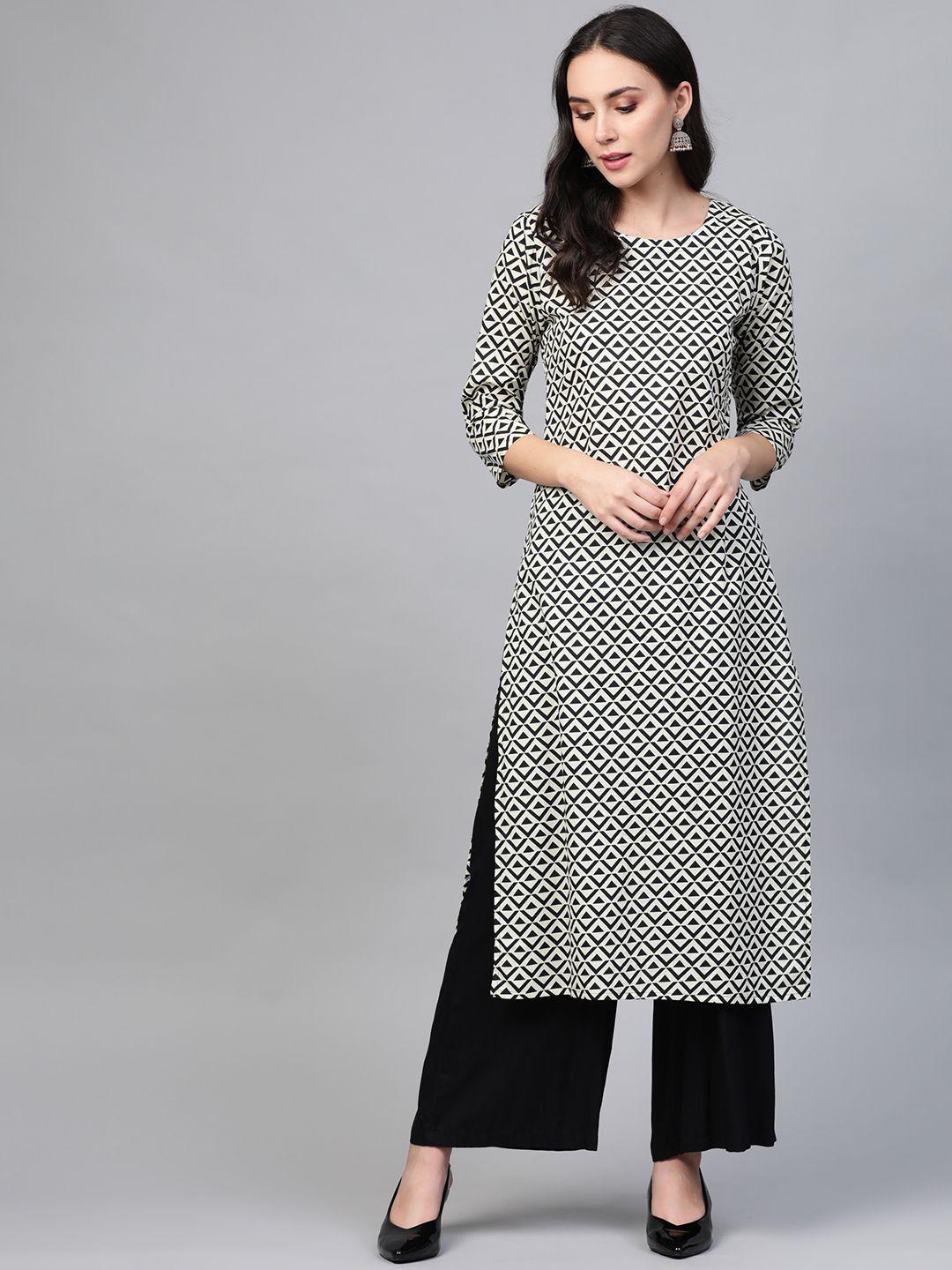 see-designs-women-off-white-&-black-printed-straight-kurta