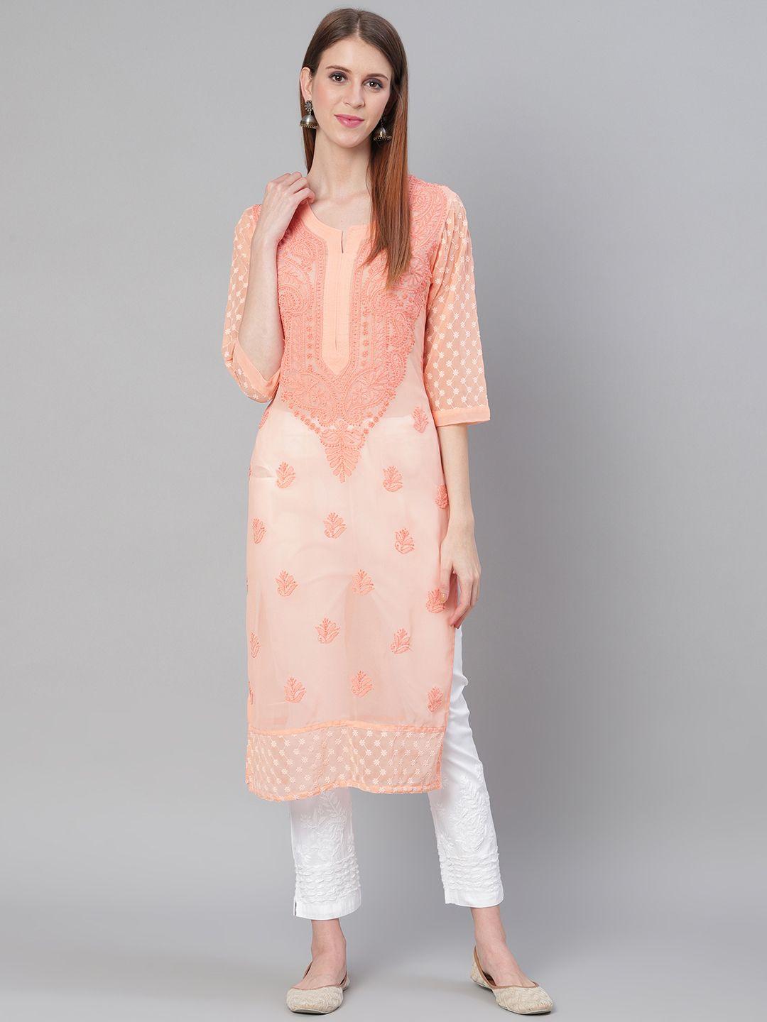 saadgi-women-peach-coloured-&-white-chikankari-embroidered-handloom-kurta-with-trousers