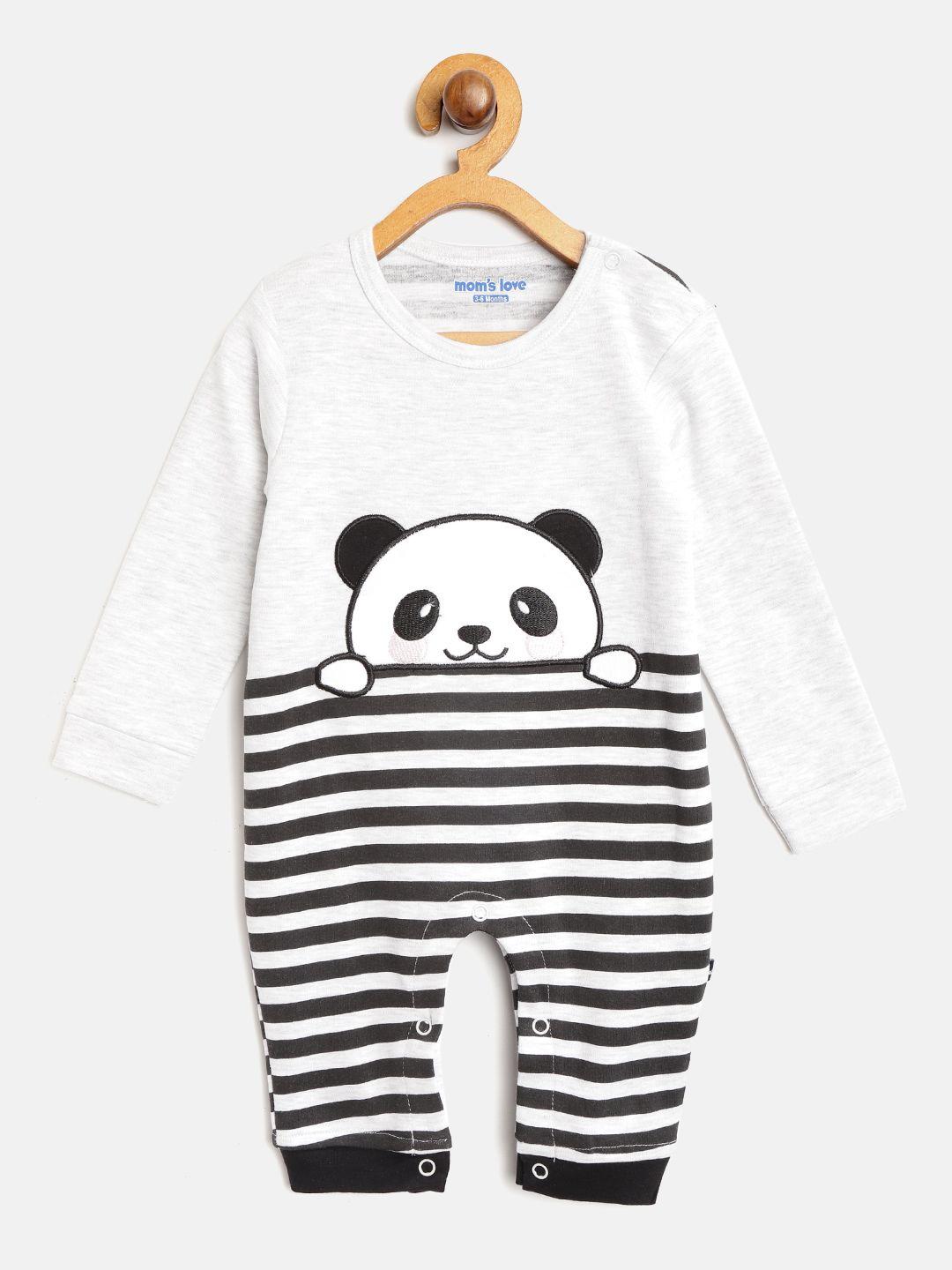 moms-love-boys-black-&-grey-melange-striped-rompers-with-panda-applique-detail