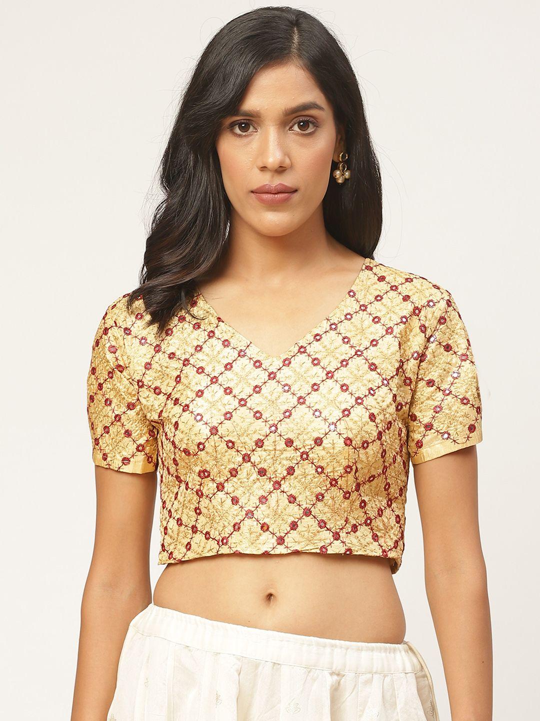shaily-women-beige-&-burgundy-embroidered-mirror-work-saree-blouse