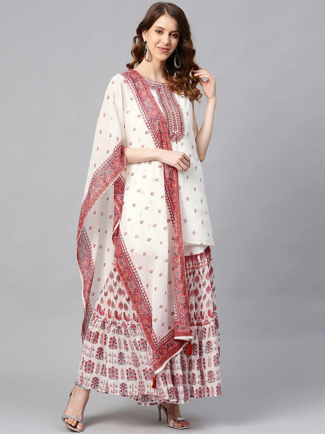juniper-women-white-&-maroon-foil-printed-kurta-with-sharara-&-dupatta