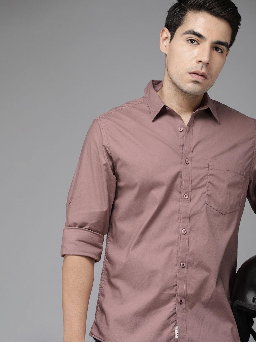 roadster-men-peach-coloured-regular-fit-solid-casual-sustainable-shirt