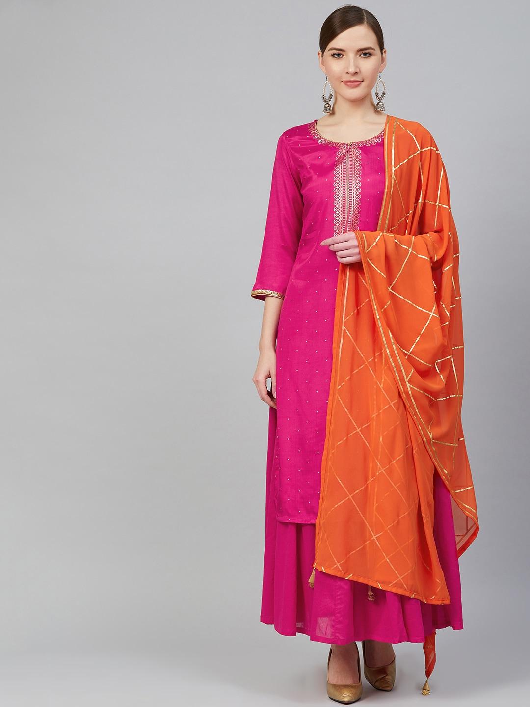 rangriti-women-pink-&-golden-printed-kurta-with-skirt-&-dupatta