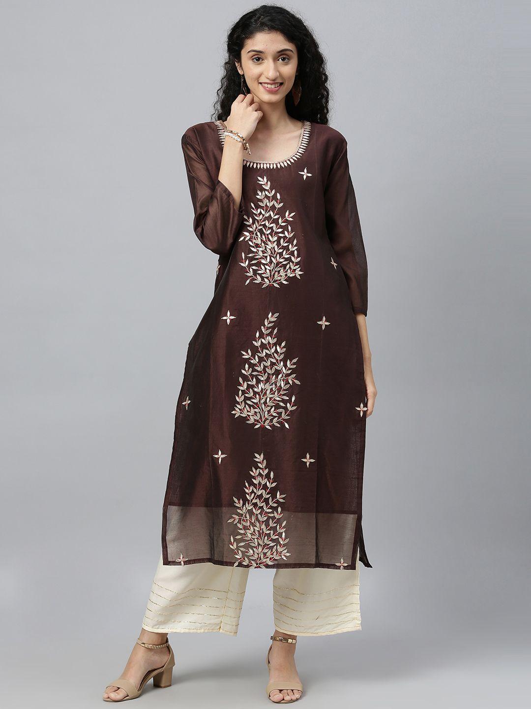 geroo-jaipur-brown-hand-embroidered-gota-patti-chanderi-kurta-with-palazzo