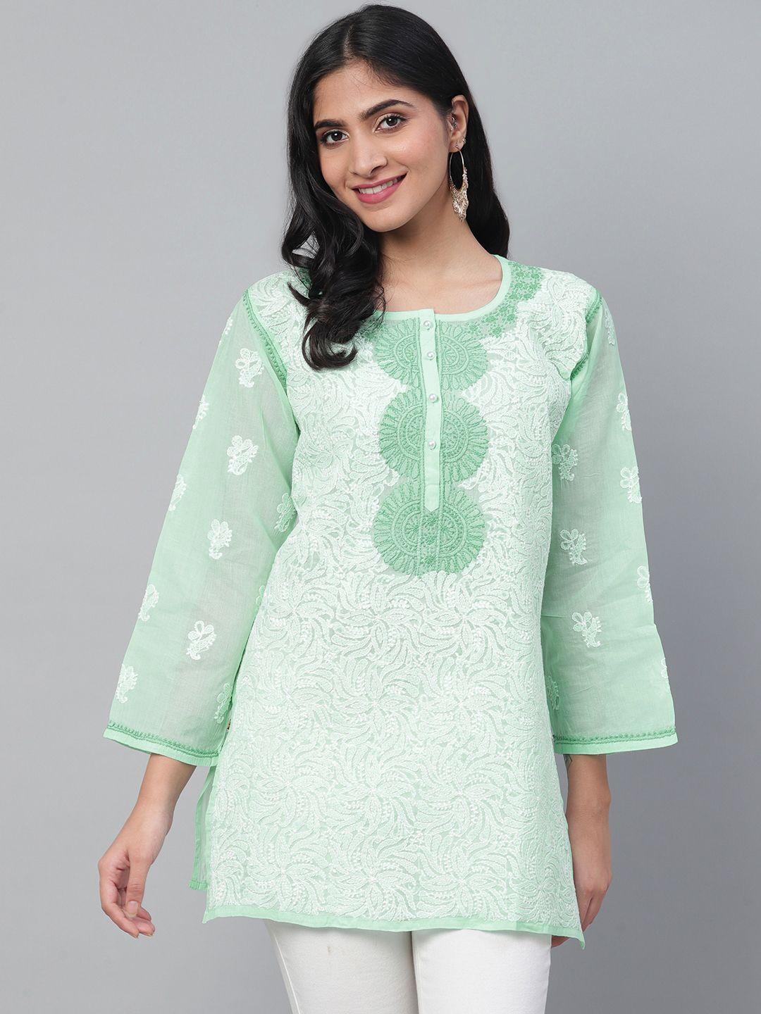 ada-women-sea-green-&-white-chikankari-hand-embroidered-pure-cotton-semi-sheer-straight-sustainable-sustainable-handloom-kurti