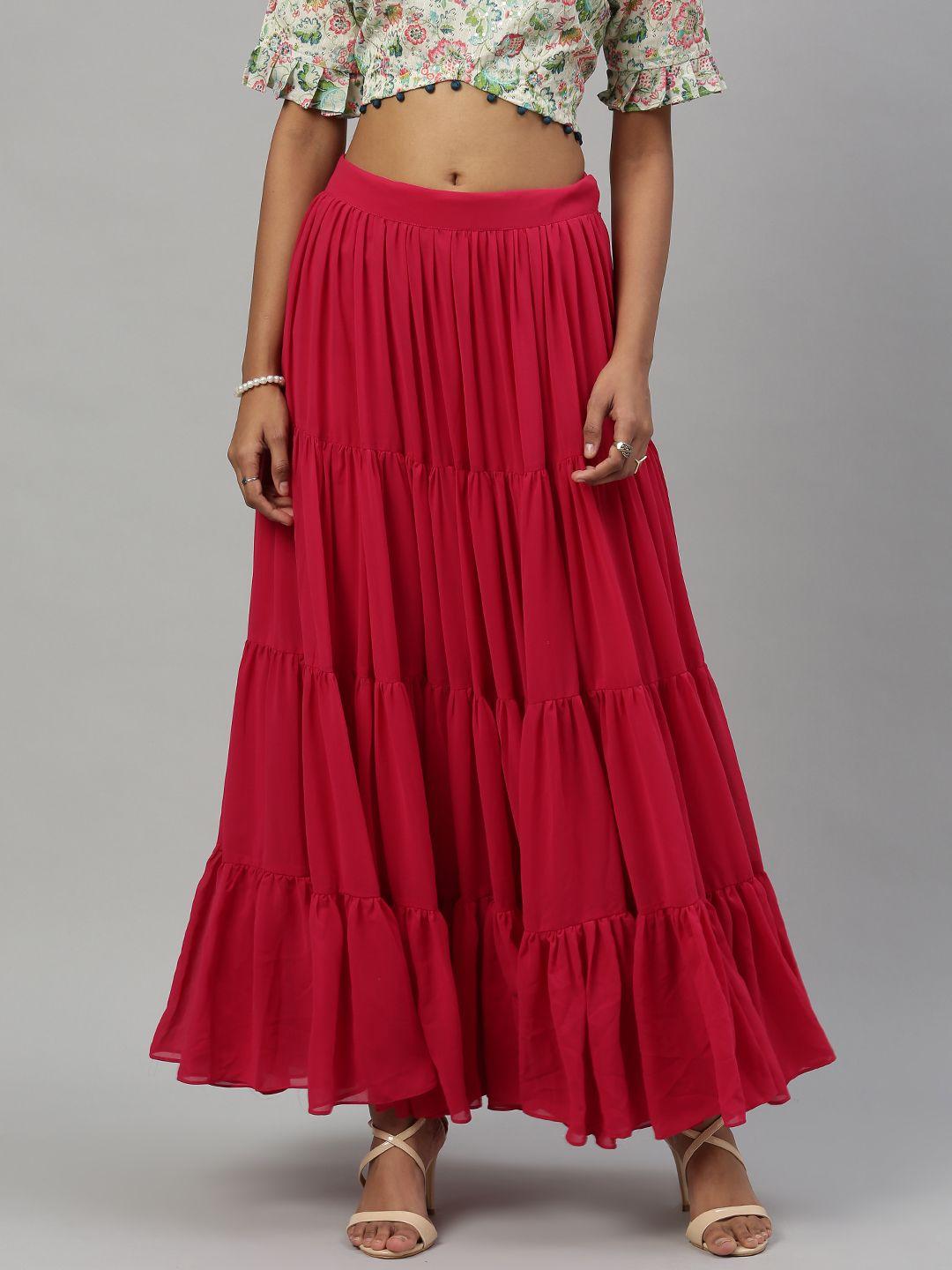 inddus-women-magenta-pink-solid-georgette-ruffle-tiered-skirt