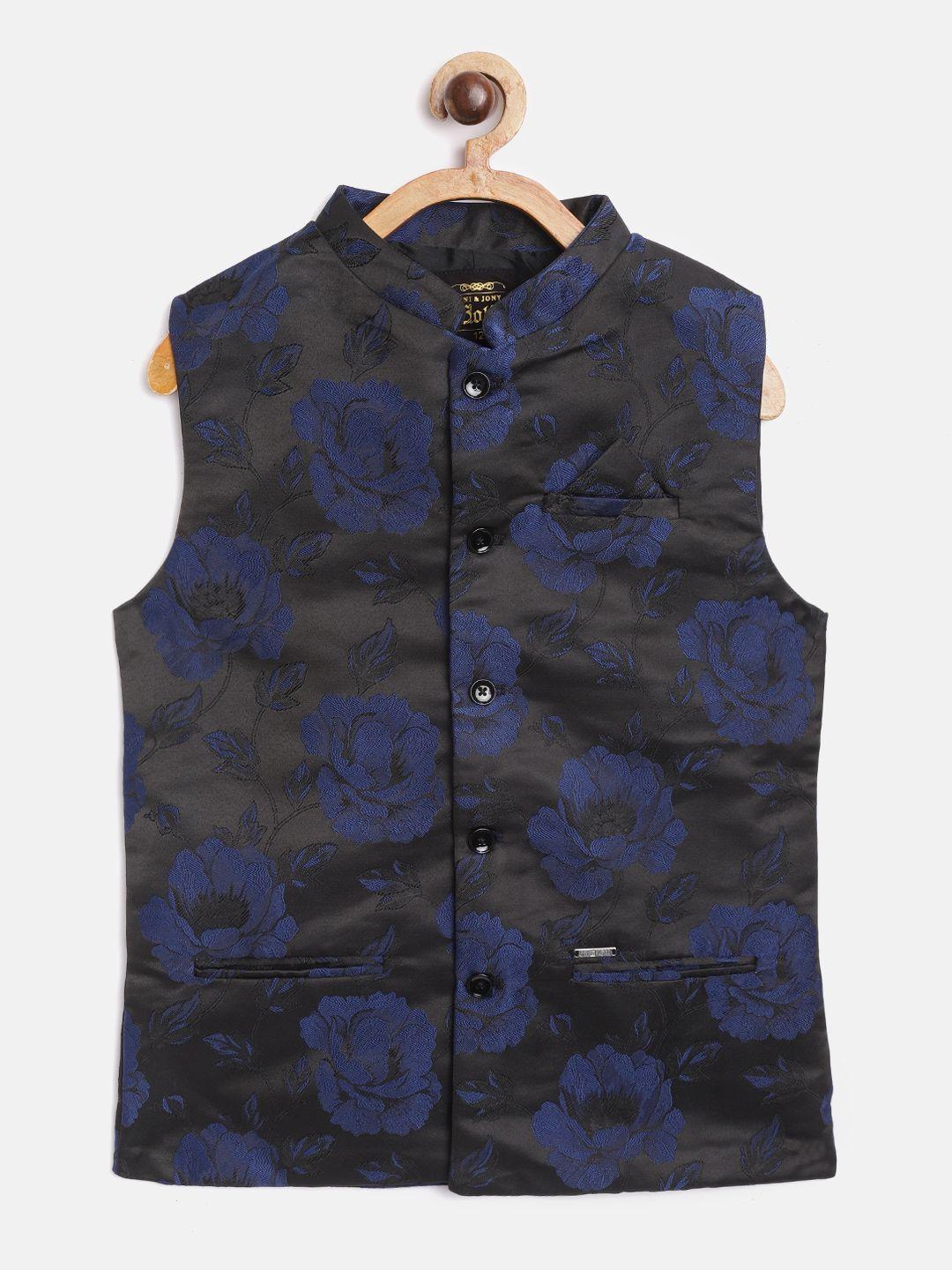 gini-and-jony-boys-black-&-navy-blue-floral-patterned-regular-fit-nehru-jacket