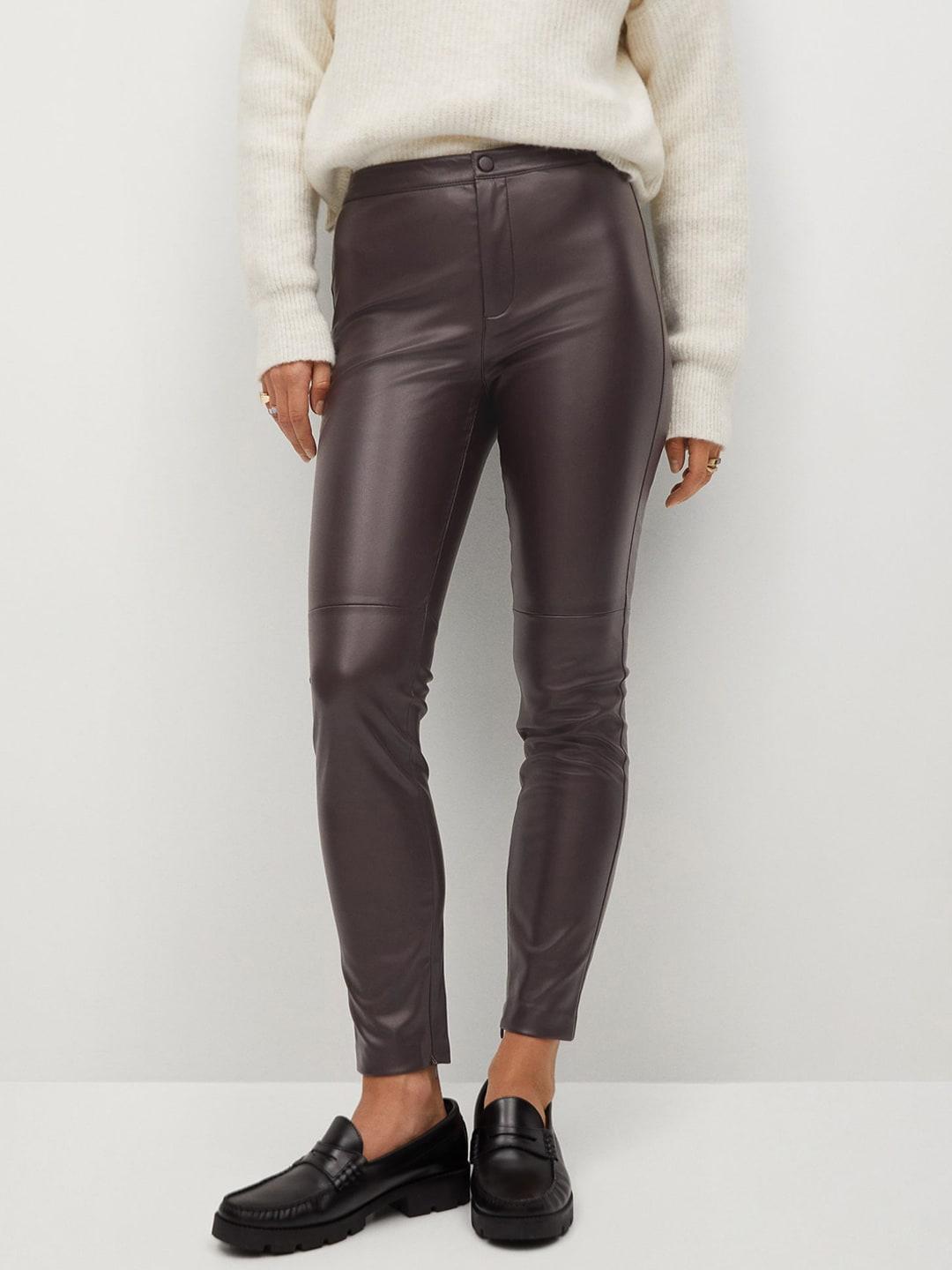 mango-women-burgundy-skinny-fit-solid-pu-coated-ankle-length-trousers