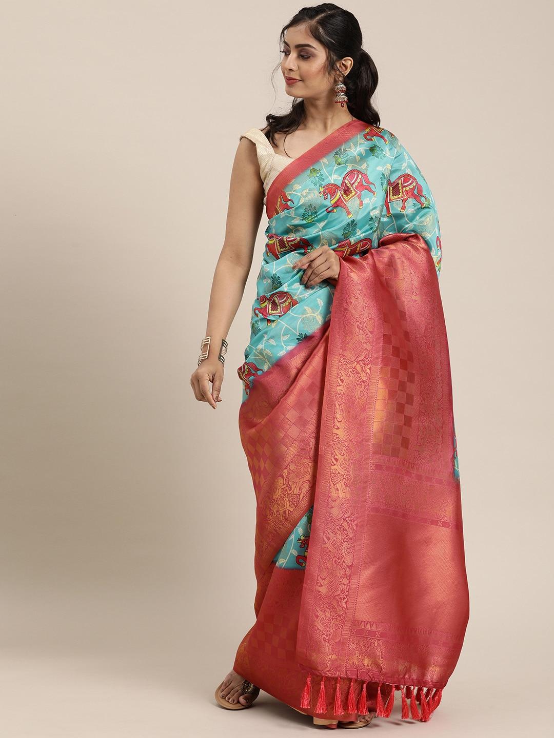 vastranand-turquoise-blue-&-pink-silk-blend-printed-banarasi-saree