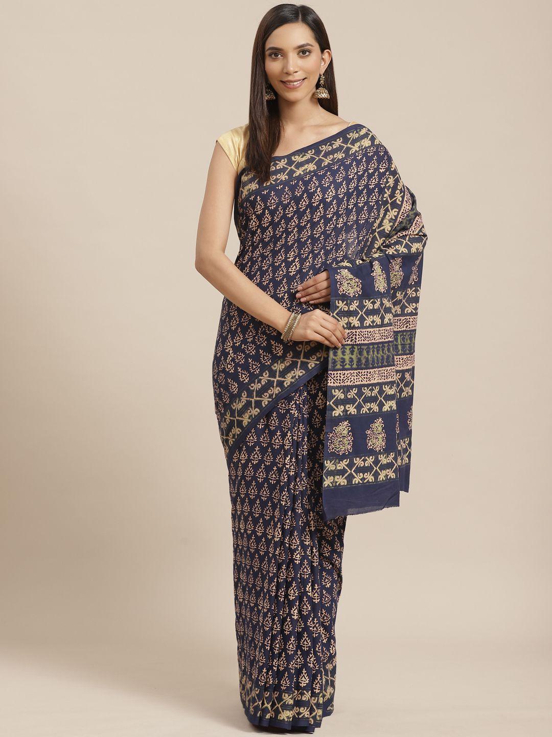 kalakari-india-blue-&-beige-ethnic-block-print-handloom-sustainable-saree