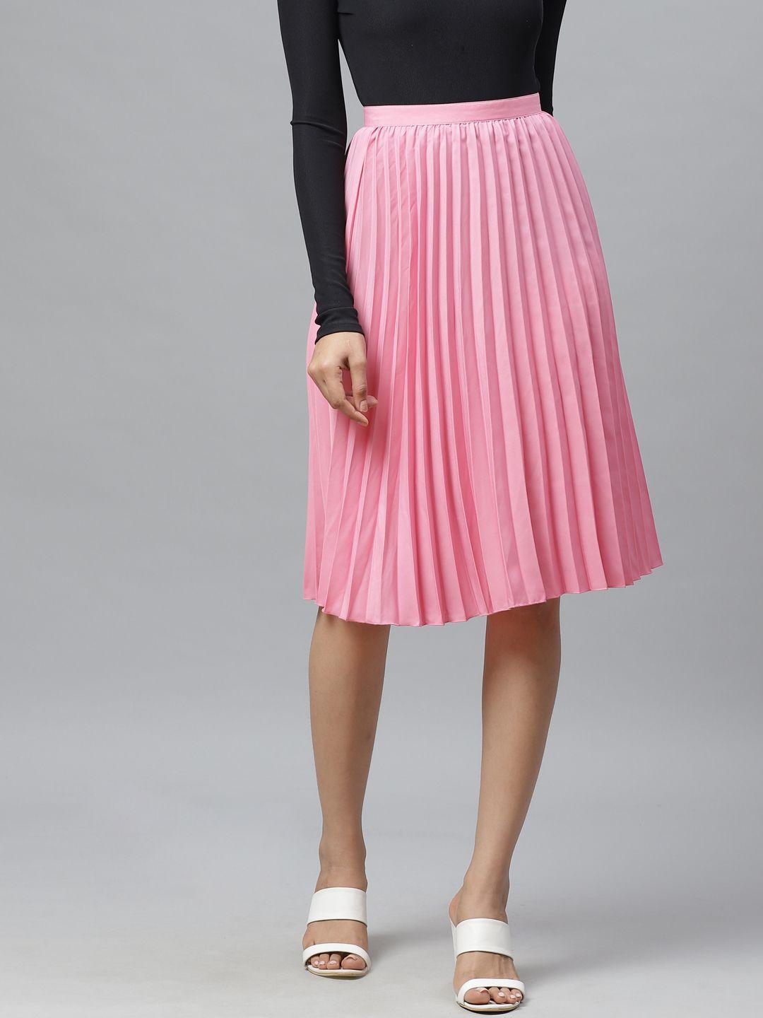 ives-women-pink-solid-accordion-pleated-flared-skirt