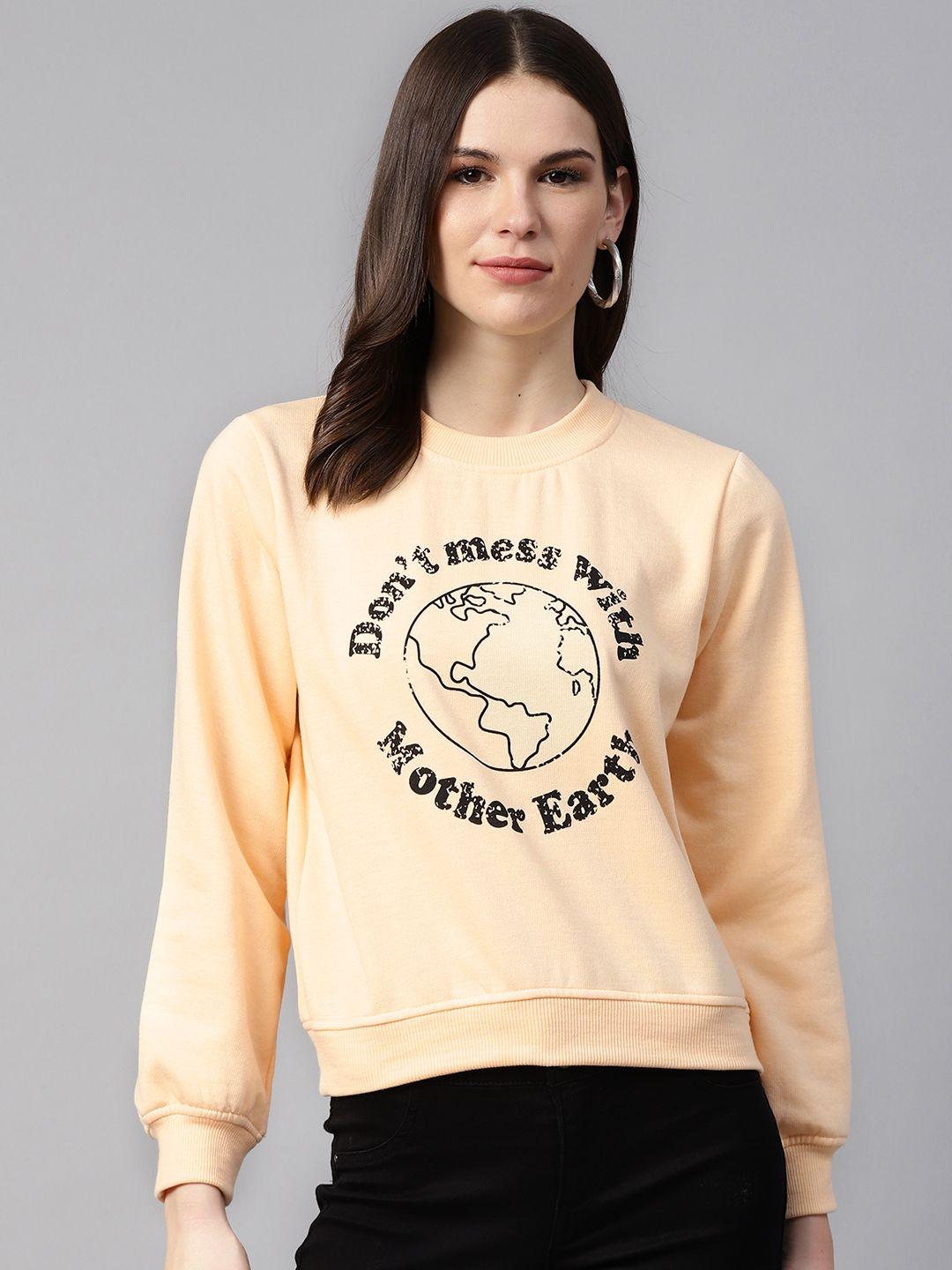 pluss-women-peach-coloured-&-black-typography-print-sweatshirt