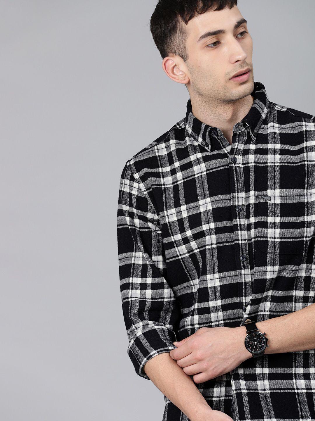 the-bear-house-men-black-&-white-slim-fit-checked-flannel-casual-shirt