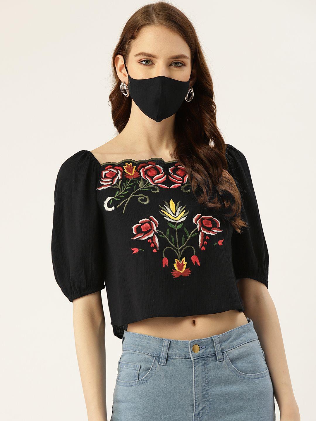 diva-walk-exclusive-women-black-embroidered-crop-top-with-matching-mask