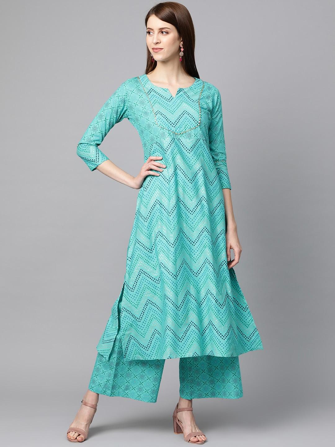 mokshi-women-turquoise-blue-&-white--chevron-printed-kurta-with-palazzos