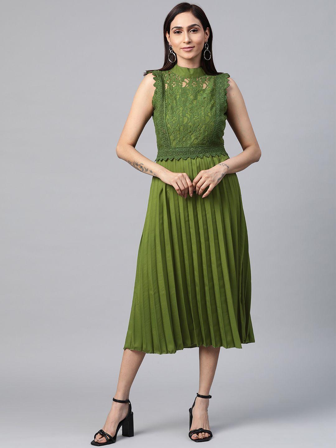pluss-women-olive-green-self-design-a-line-dress