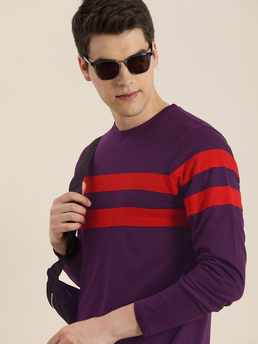 dillinger-men-purple-&-red-striped-round-neck-t-shirt