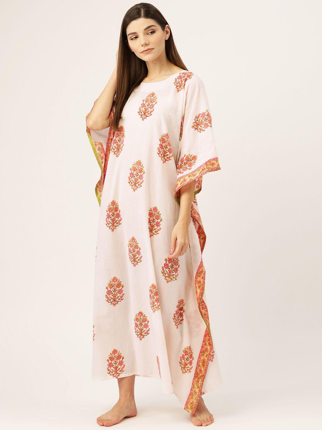 prakrti-women-white-&-pink-hand-block-mughal-boota-print-kaftan-maxi-sustainable-nightdress