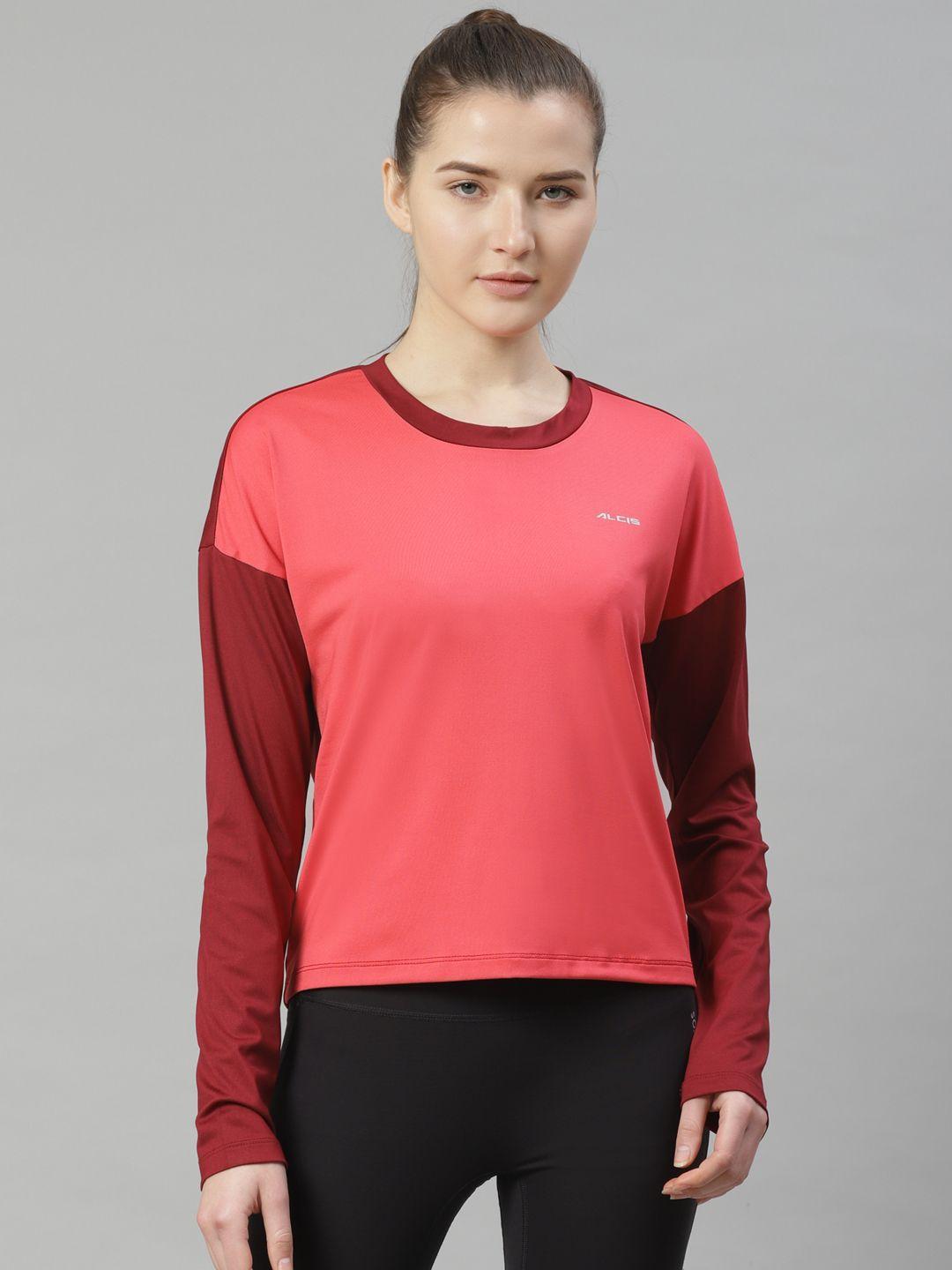 alcis-women-coral-pink-solid-slim-fit-round-neck-t-shirt