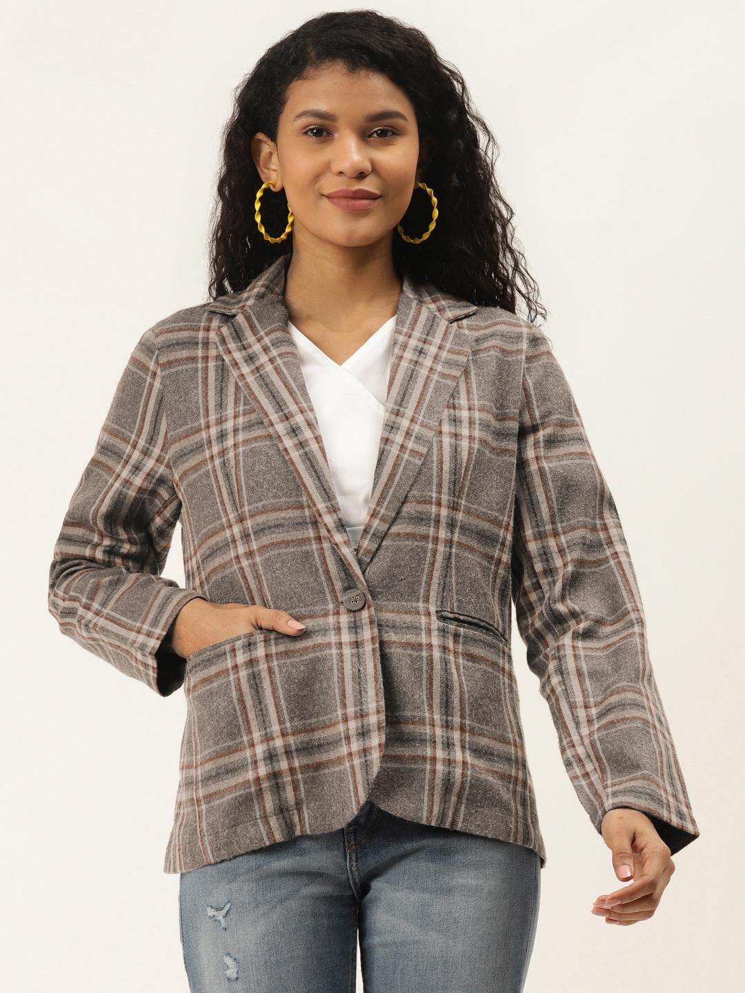 off-label-women-taupe-&-rust-brown-checked-single-breasted-blazer